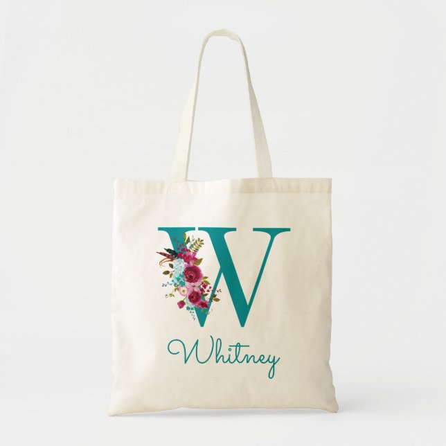Tote Bag Monogramme en écriture florale W sarcelle rose (Devant)