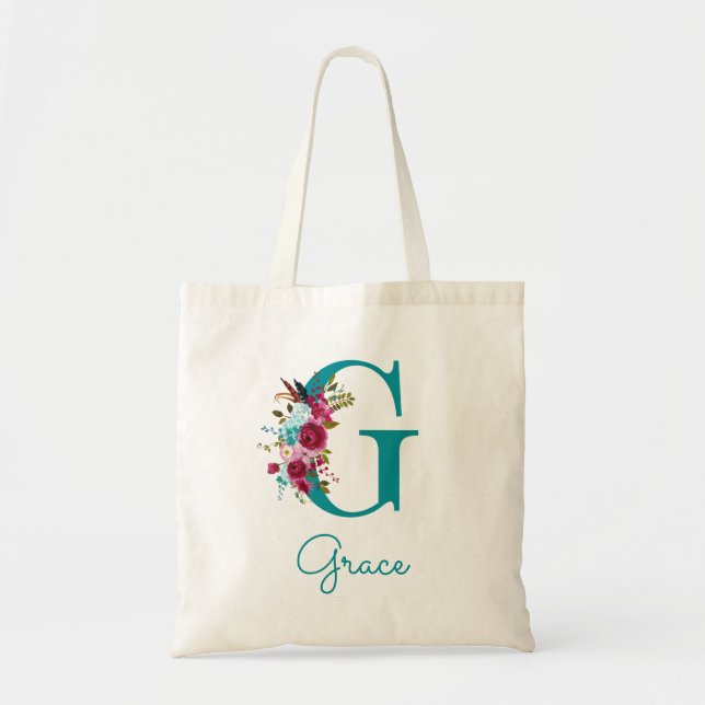 Tote Bag Monogramme en écriture G florale sarcelle rose (Devant)