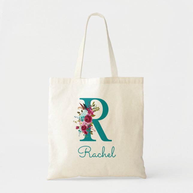 Tote Bag Monogramme en écriture lettre R florale sarcelle r (Devant)