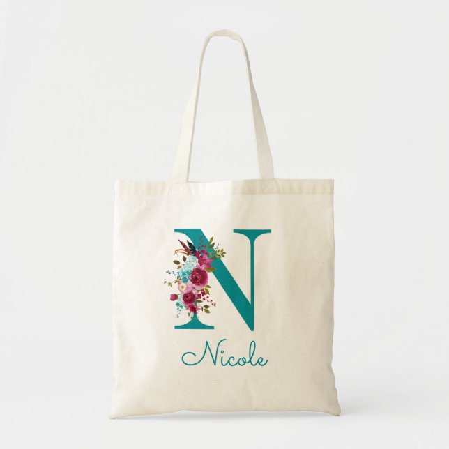 Tote Bag Monogramme en écriture N florale sarcelle rose (Devant)