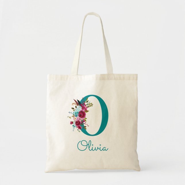 Tote Bag Monogramme en écriture O florale sarcelle rose (Devant)