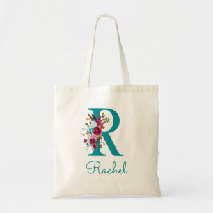 Tote Bag Monogramme en écriture R florale sarcelle rose