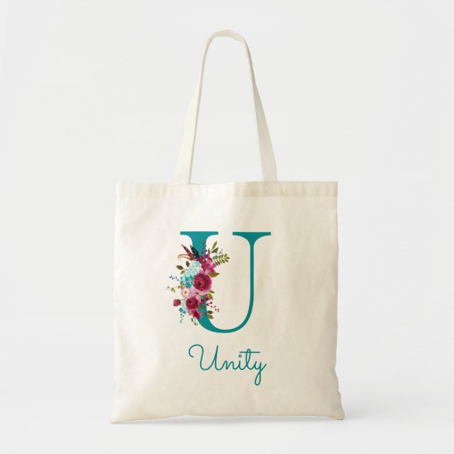 Tote Bag Monogramme en écriture U florale sarcelle rose (Devant)