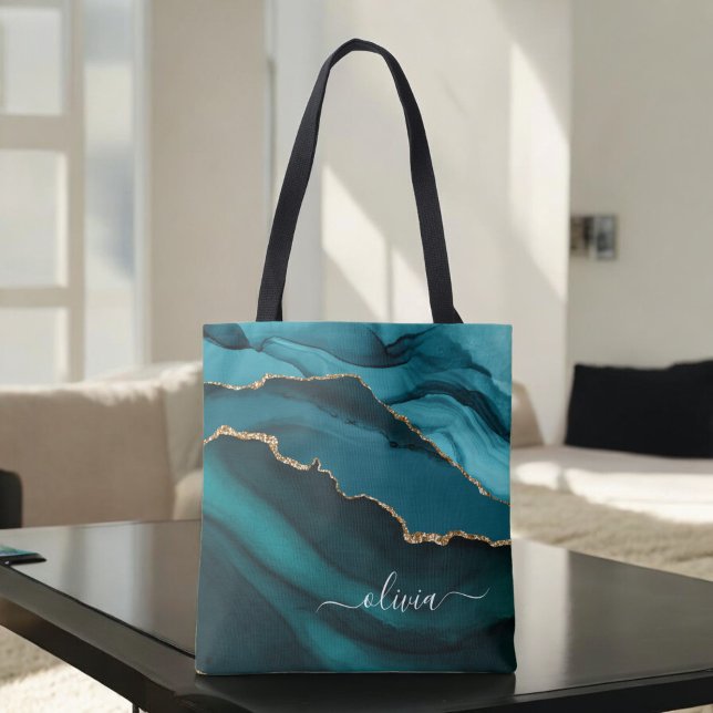 Tote Bag Monogramme en or de géode d'agate verte bleue aqua (Créateur téléchargé)