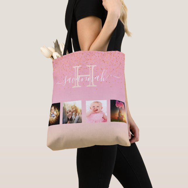 Tote Bag Monogramme en or rose rose vierge (De près)