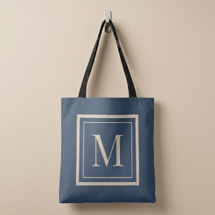 Tote Bag Monogramme encadré bleu personnalisé et vanille