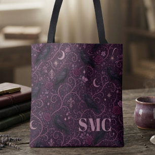 Tote Bag Monogramme énigmatique de corbeau gothique prune