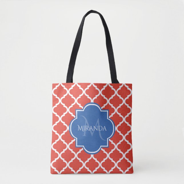 Tote Bag Monogramme et nom bleu Quatrefoil rouge tendance (Devant)