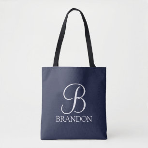 Tote Bag Monogramme et nom de script personnalisé bleu mari