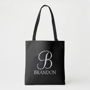 Tote Bag Monogramme et nom de script personnalisé noir
