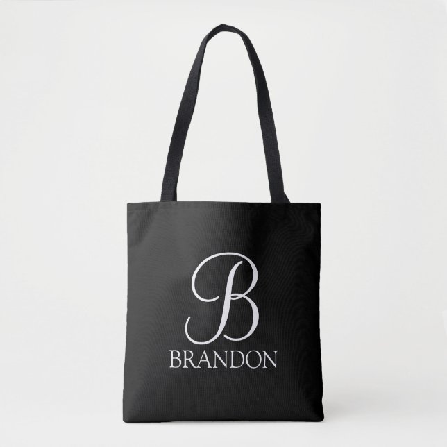 Tote Bag Monogramme et nom de script personnalisé noir (Devant)
