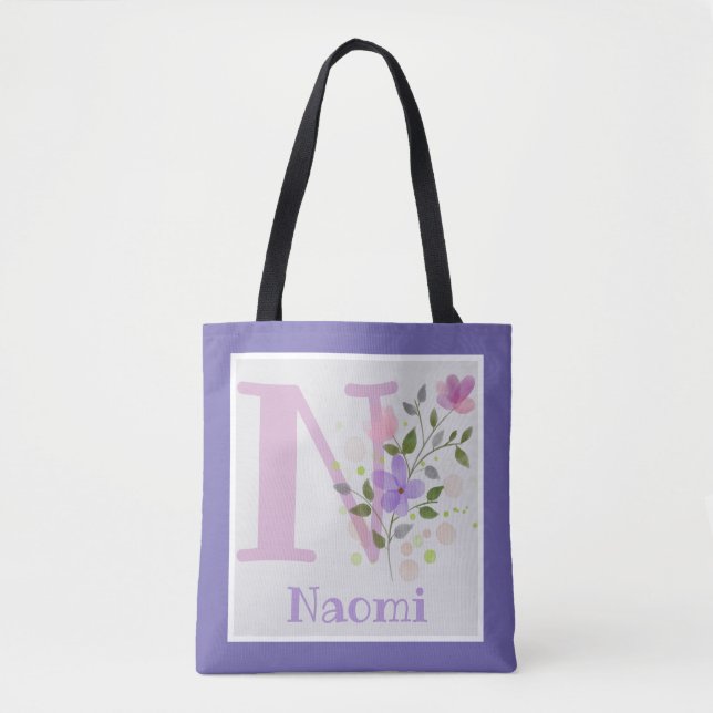 Tote Bag Monogramme et nom Naomi avec fleurs (Devant)