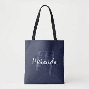 Tote Bag Monogramme et nom personnalisé moderne Navy Blue