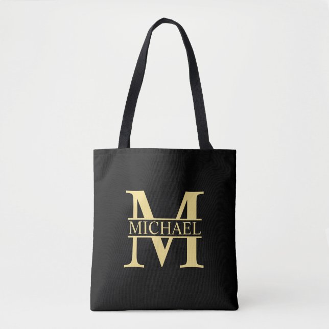 Tote Bag Monogramme et nom personnalisé noir et or (Devant)