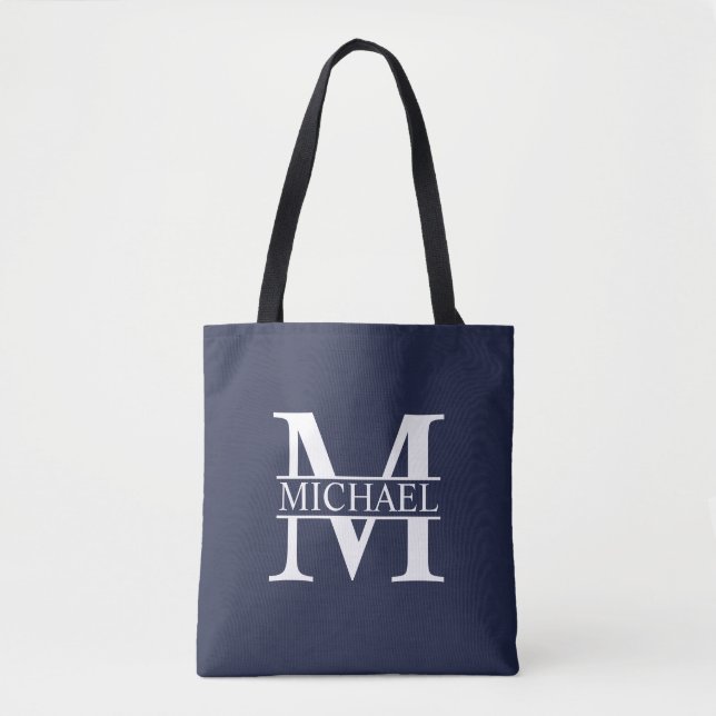 Tote Bag Monogramme et nom personnalisés bleu marine (Devant)