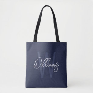 Tote Bag Monogramme et nom personnalisés de Navy Blue Scrip