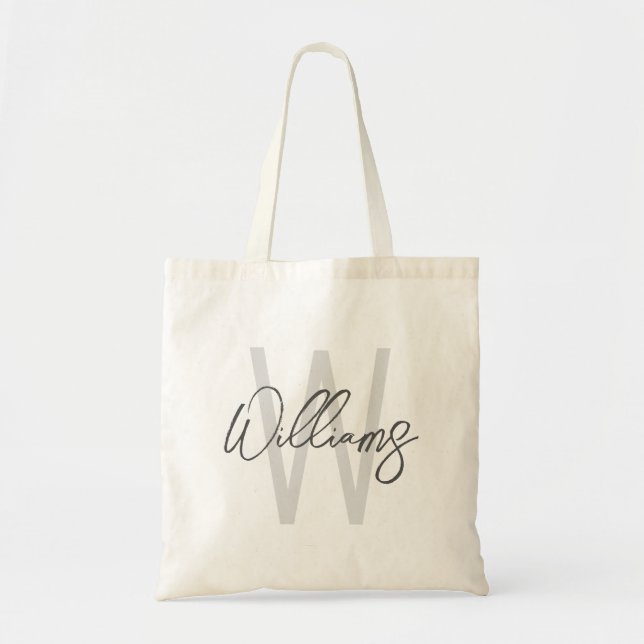 Tote Bag Monogramme et nom personnalisés en script moderne (Devant)