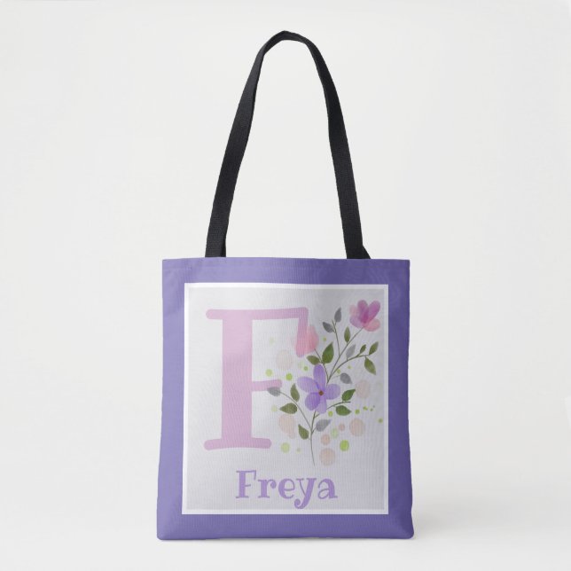 Tote Bag Monogramme F & Nom Freya avec Fleurs (Devant)