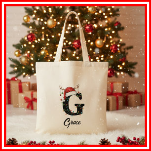 Tote Bag Monogramme Famille Antlers de Noël Santa Hat