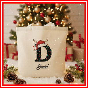 Tote Bag Monogramme Famille Antlers de Noël Santa Hat