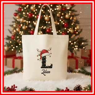 Tote Bag Monogramme Famille Antlers de Noël Santa Hat Fourr