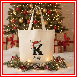 Tote Bag Monogramme Famille Antlers de Noël Santa Hat Fourr