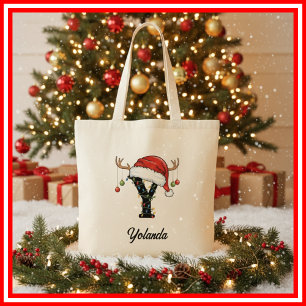 Tote Bag Monogramme Famille Antlers de Noël Santa Hat Fourr