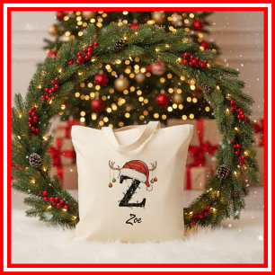 Tote Bag Monogramme Famille Antlers de Noël Santa Hat Fourr