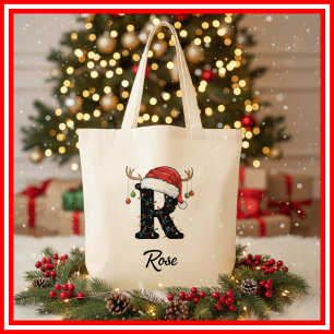 Tote Bag Monogramme Famille Antlers de Noël Santa Hat Fourr