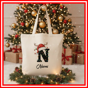 Tote Bag Monogramme Famille Antlers de Noël Santa Hat Fourr