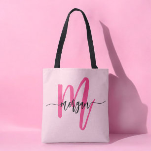 Tote Bag Monogramme Féminin Moderne en Écriture Rose Chaud
