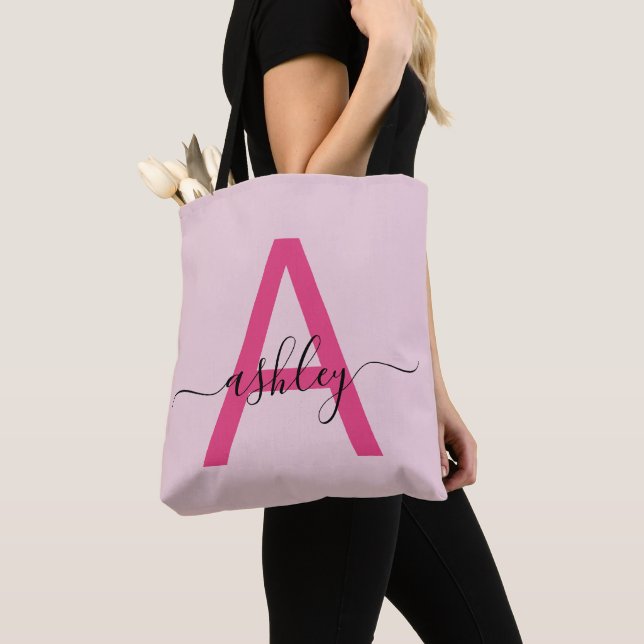 Tote Bag Monogramme Féminin Moderne en Écriture Rose Chaud (De près)