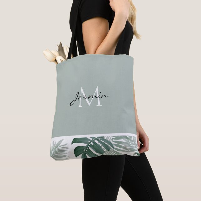 Tote Bag Monogramme feuille tropicale vert sauge moderne (De près)