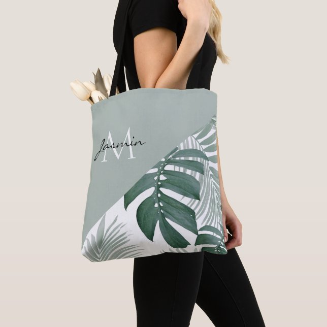 Tote Bag Monogramme feuille tropicale vert sauge moderne (De près)
