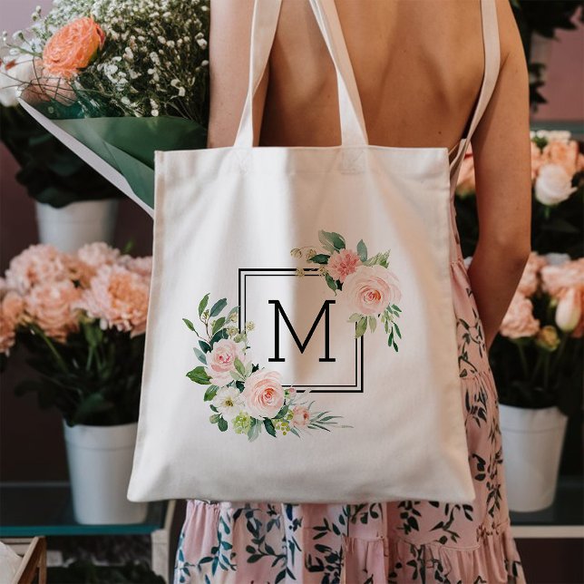 Tote Bag Monogramme Fleur Aquarelle Rose Pâle (Créateur téléchargé)