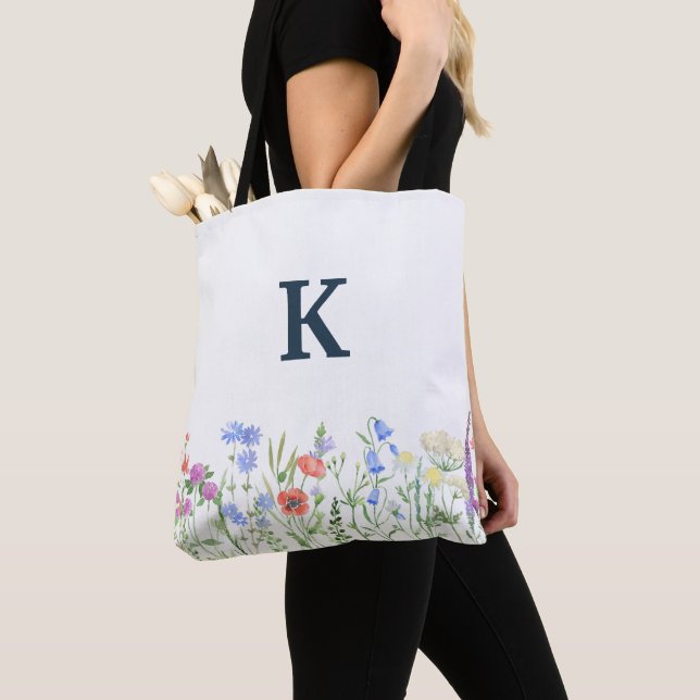 Tote Bag Monogramme Fleur sauvage d'aquarelle pour femmes (De près)