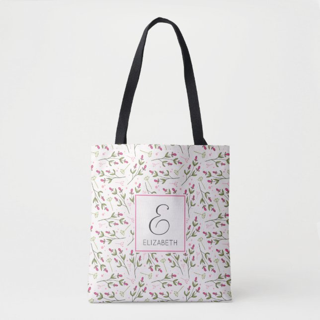 Tote Bag Monogramme Fleur sauvage rose et vert à longue tig (Devant)