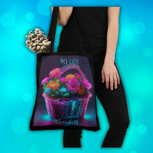 Tote Bag Monogramme Fleurs de couleurs vives dans un panier
