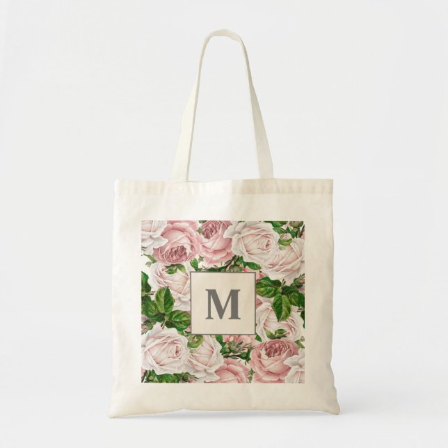 Tote Bag Monogramme floral à crème rose pâle initial (Devant)