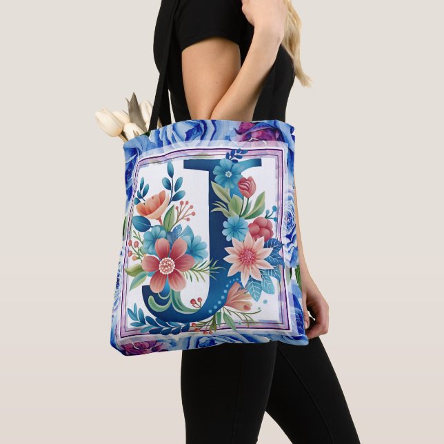 Tote Bag Monogramme floral à l'aquarelle, lettre J (De près)