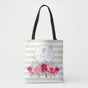 Tote Bag Monogramme floral aquarelle cerise sur rayures men