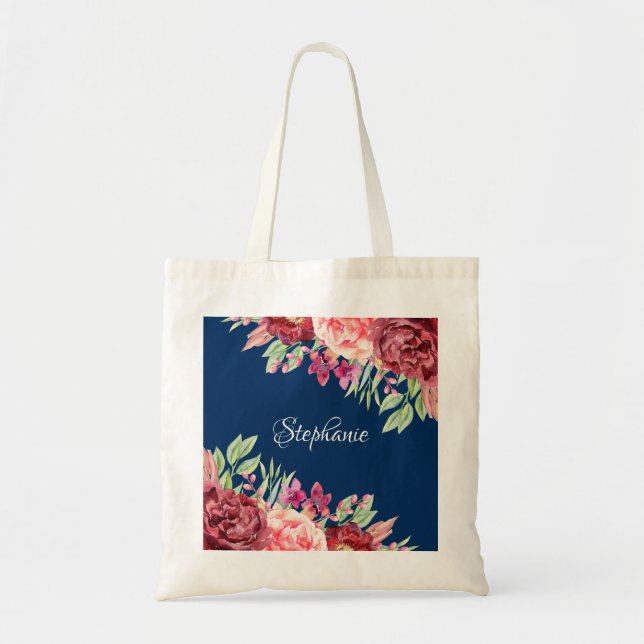 Tote Bag Monogramme floral bleu marine Bourgogne (Devant)