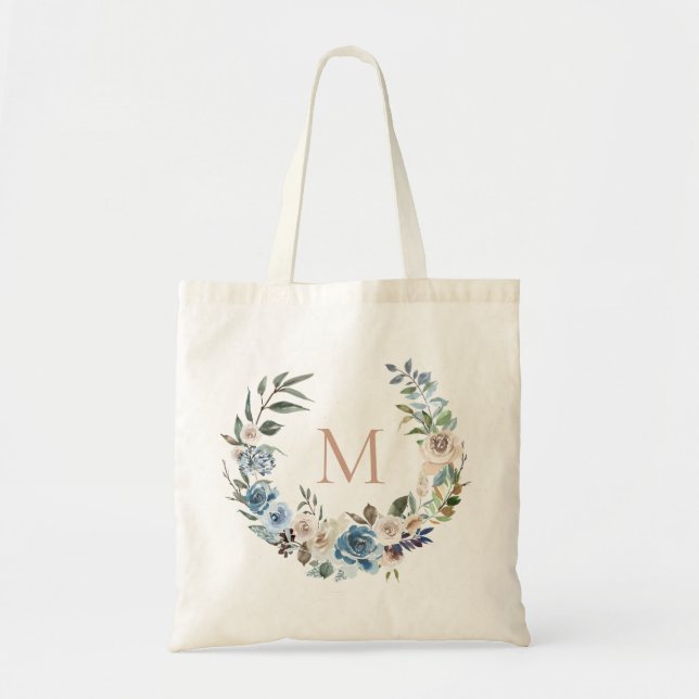 Tote Bag Monogramme floral bleu poussiéreux de guirlande (Devant)