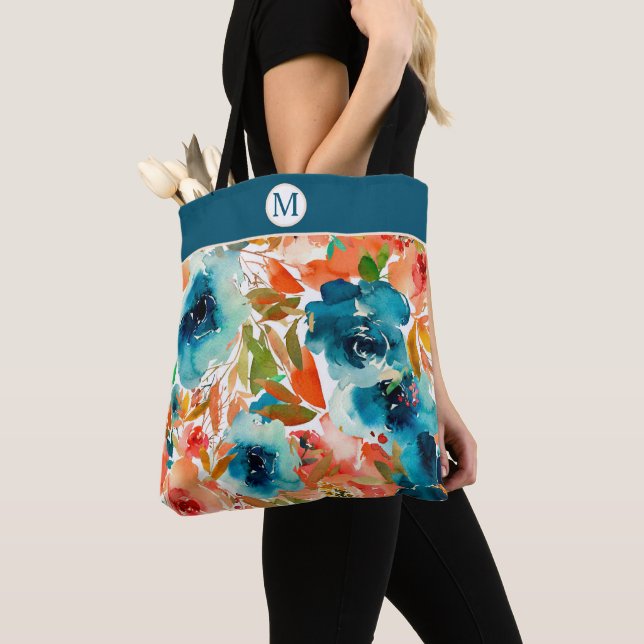 Tote Bag Monogramme floral bleu Rose automne (De près)