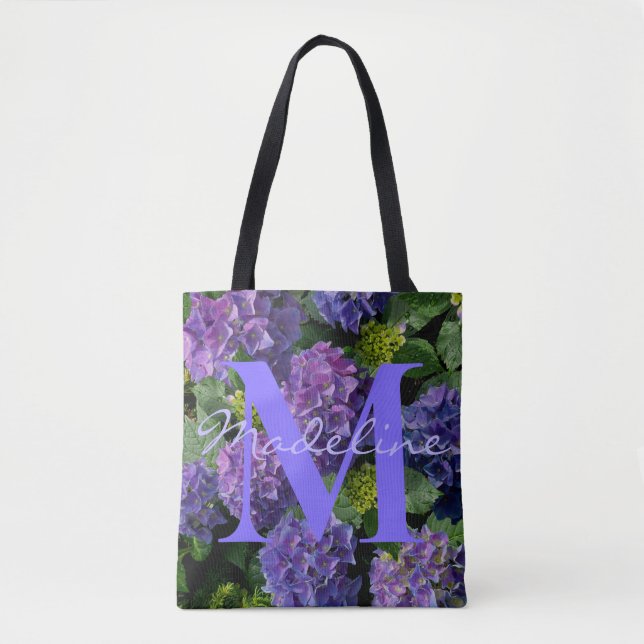Tote Bag Monogramme floral bleu violet vert élégant (Devant)