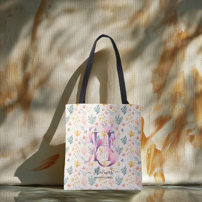 Tote Bag Monogramme floral corail vibrant de Hannah - H (Créateur téléchargé)