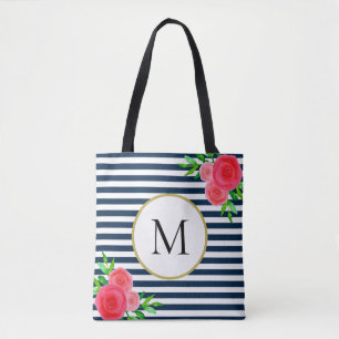 Tote Bag Monogramme floral de corail rayé blanc de la mari