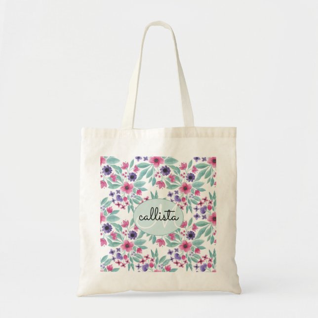 Tote Bag Monogramme floral de couleur Turquoise d'aquarelle (Devant)