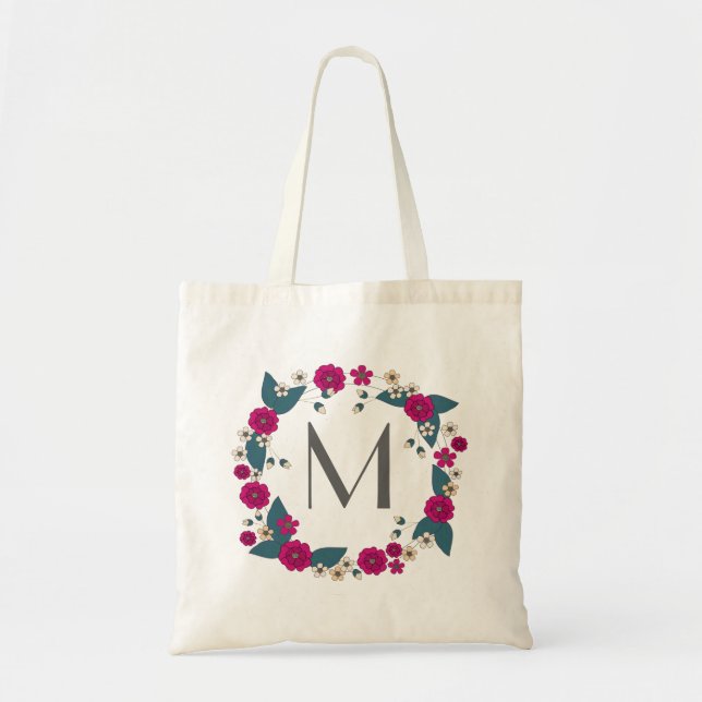 Tote Bag Monogramme floral de couronne de bouquet (Devant)