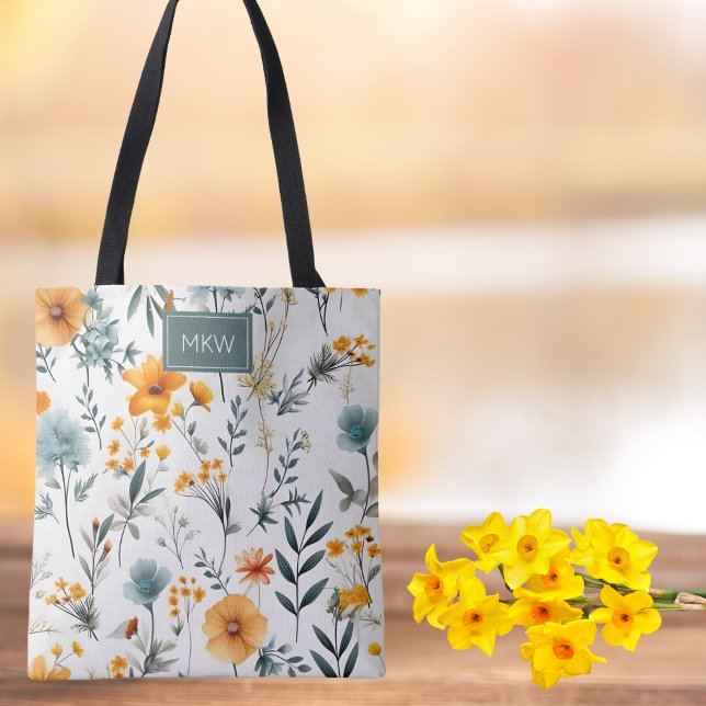 Tote Bag Monogramme floral de Gris, Sage et Or de Bohême (Créateur téléchargé)